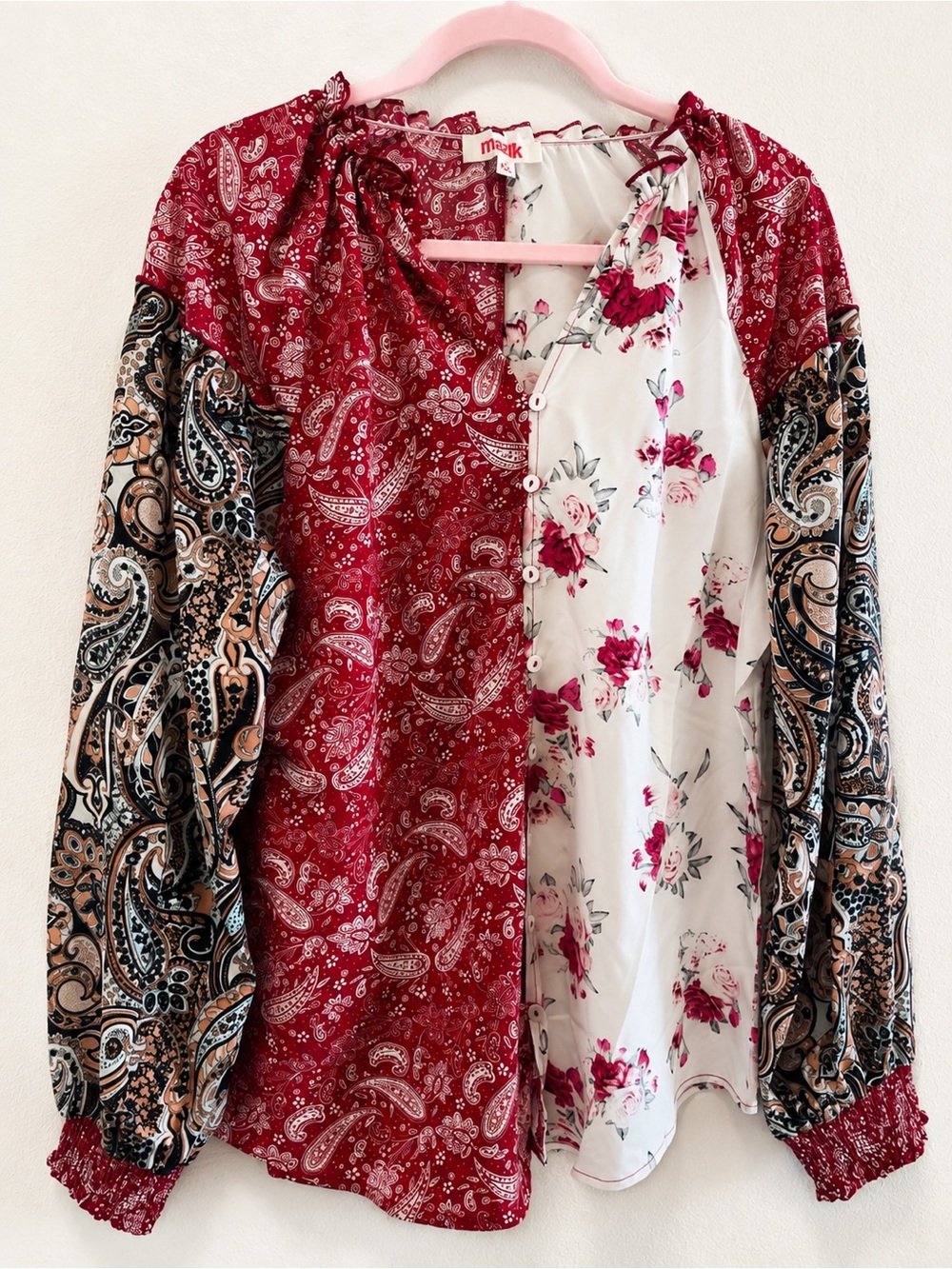 MINKPINK Red, White & Brown Mixed-Print Button Front Blouse
